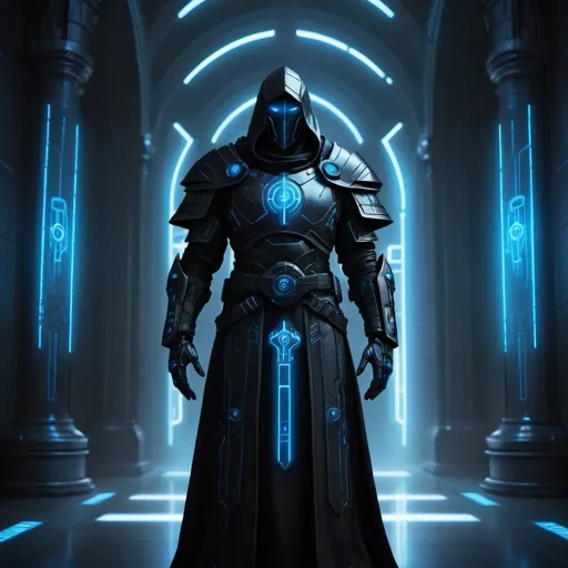 Prompt: Sci-fi Templar in black armor with glowing blue runes, futuristic setting with high-tech architecture, mysterious and ominous atmosphere, detailed cybernetic enhancements, high quality, sci-fi, futuristic, mysterious ambiance, glowing blue lights, detailed robe, cybernetic enhancements, high-tech setting, atmospheric lighting