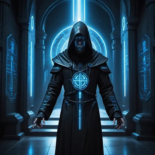 Prompt: Sci-fi Templar in black hooded robe with glowing blue runes, futuristic setting with high-tech architecture, mysterious and ominous atmosphere, detailed cybernetic enhancements, high quality, sci-fi, futuristic, mysterious ambiance, glowing blue lights, detailed robe, cybernetic enhancements, high-tech setting, atmospheric lighting