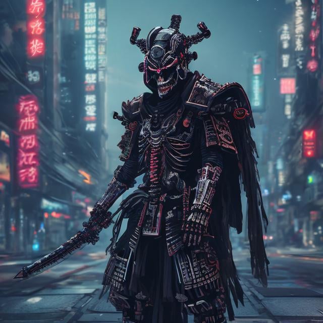 Prompt: Generate an image of a cosplayer as a 'techwear skeleton samurai' wearing a black techwear suit with armor accents, a skull mask, bone gloves, a black Vietnamese hat, and a flowing black cape. Two futuristic katanas should be visible. Ensure the fusion of traditional samurai aesthetics with modern tech elements. Place the character in a cyberpunk cityscape with dramatic lighting to emphasize the tech elements. The cosplayer should exude confidence and strength.