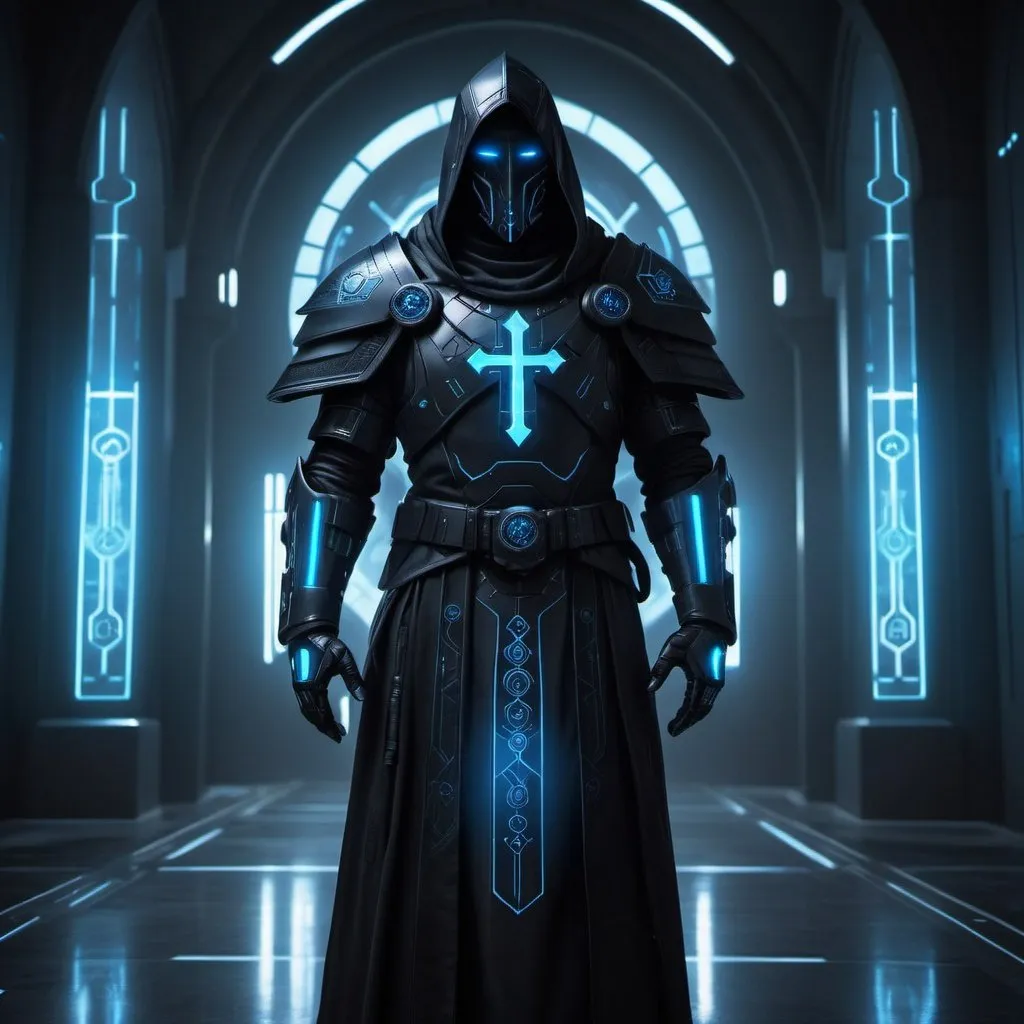 Prompt: Sci-fi Templar in black armor with glowing blue runes, futuristic setting with high-tech architecture, mysterious and ominous atmosphere, detailed cybernetic enhancements, high quality, sci-fi, futuristic, mysterious ambiance, glowing blue lights, detailed robe, cybernetic enhancements, high-tech setting, atmospheric lighting