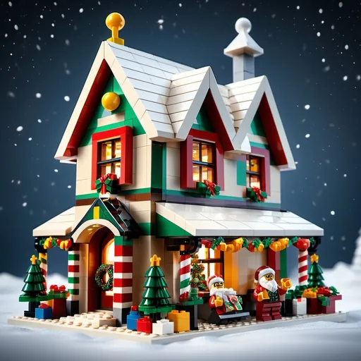 Prompt: (Lego builds), Christmas-themed creations, (whimsical) design, vibrant colors, intricate details, festive ornaments, warm ambiance, holiday spirit, cheerful decorations, vintage-style toys, surrounded by snow, creative assembly, joyful atmosphere, cozy lighting, ultra-detailed, 4K resolution, captures the essence of Christmas celebration through playful imagination.