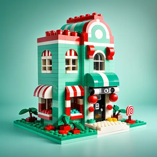 Prompt: (Lego bank), (Minty Money Bank), peppermint color scheme, vibrant and cheerful, playful design, featuring brick patterns, icy mint details, cartoon style, surrounded by candy-themed elements, mint leaves incorporated, whimsical ambiance, engaging and fun atmosphere, HD, ultra-detailed, creatively crafted, excellent color contrast, imaginative concept