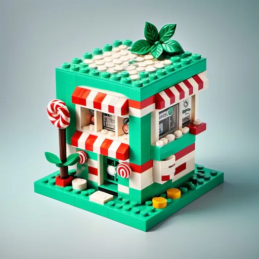 Prompt: (Lego bank), (Minty Money Bank), peppermint color scheme, vibrant and cheerful, playful design, featuring brick patterns, icy mint details, cartoon style, surrounded by candy-themed elements, mint leaves incorporated, whimsical ambiance, engaging and fun atmosphere, HD, ultra-detailed, creatively crafted, excellent color contrast, imaginative concept