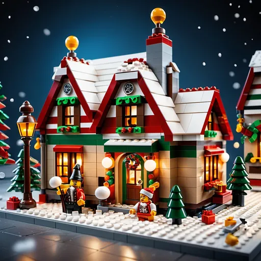 Prompt: (Lego builds), Christmas-themed creations, (whimsical) design, vibrant colors, intricate details, festive ornaments, warm ambiance, holiday spirit, cheerful decorations, vintage-style toys, surrounded by snow, creative assembly, joyful atmosphere, cozy lighting, ultra-detailed, 4K resolution, captures the essence of Christmas celebration through playful imagination.