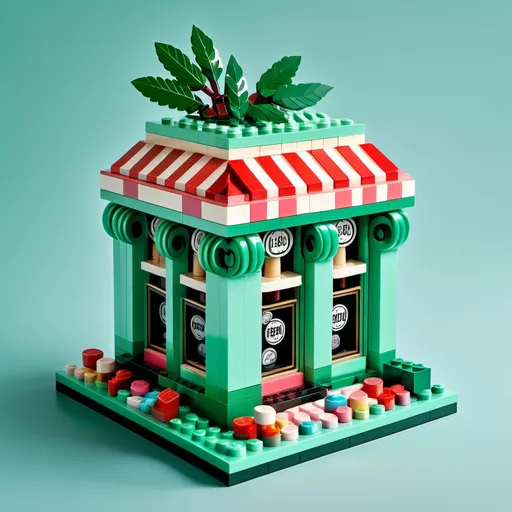 Prompt: (Lego bank), (Minty Money Bank), peppermint color scheme, vibrant and cheerful, playful design, featuring brick patterns, icy mint details, cartoon style, surrounded by candy-themed elements, mint leaves incorporated, whimsical ambiance, engaging and fun atmosphere, HD, ultra-detailed, creatively crafted, excellent color contrast, imaginative concept