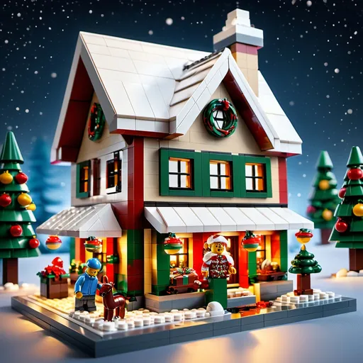 Prompt: (Lego builds), Christmas-themed creations, (whimsical) design, vibrant colors, intricate details, festive ornaments, warm ambiance, holiday spirit, cheerful decorations, vintage-style toys, surrounded by snow, creative assembly, joyful atmosphere, cozy lighting, ultra-detailed, 4K resolution, captures the essence of Christmas celebration through playful imagination.