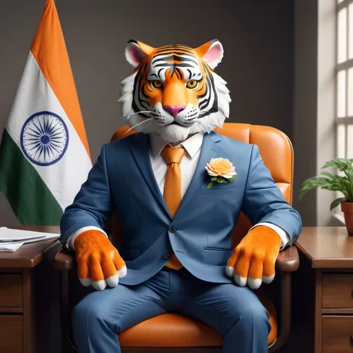 Prompt: Create a Tiger that’s wearing a suite and is sitting in a chair behind a desk with a India flag at the back