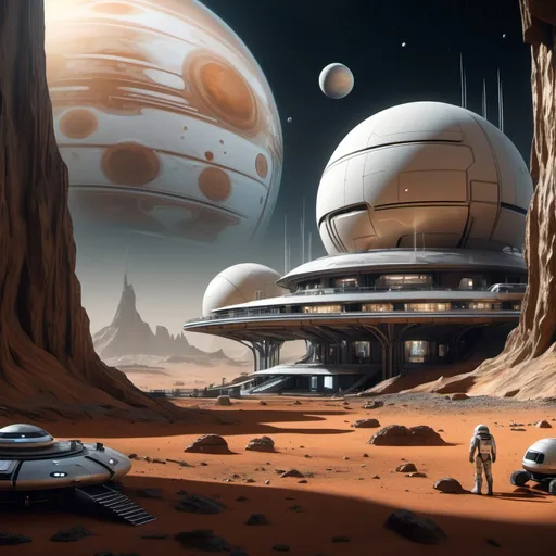 Prompt: Create an image of a futuristic colony on io, one of the moons of Jupiter, in photorealistic high detail. The scene should include a large, multi-level structure with intricate details resembling scaffolding and construction, similar to a space station under development. There should be spacecraft hovering nearby, indicative of active transportation or logistics. The background should feature the Martian landscape visible from Phobos, with Jupiter itself looming large in the sky. An astronaut in a modern spacesuit should be in the foreground, observing the colony. The lighting should mimic that of a sun rising over Jupiter as seen from its moon.