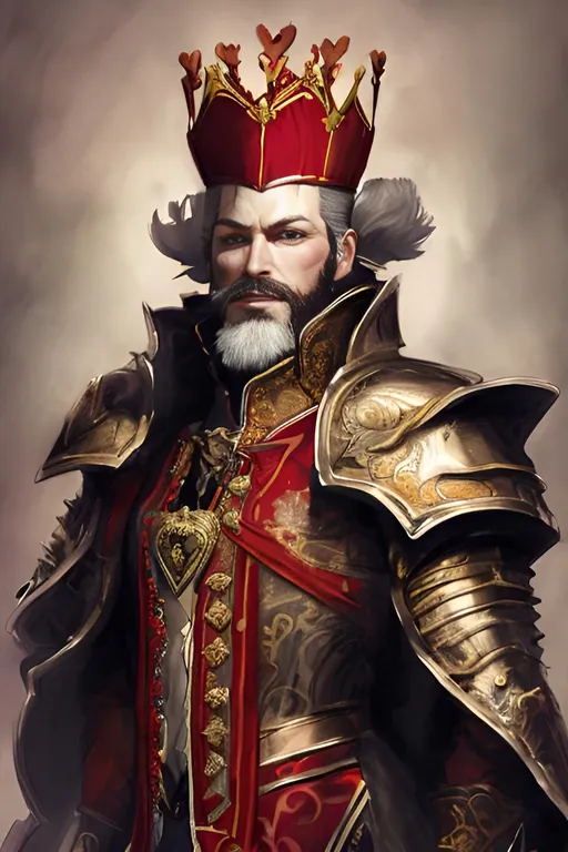 Prompt: Character Design three-quarter Portrait: Tall King of Hearts, large beard, short hair. in armour, with a Red Robe. symbol heart.   Style of Jean Marc Nattier.