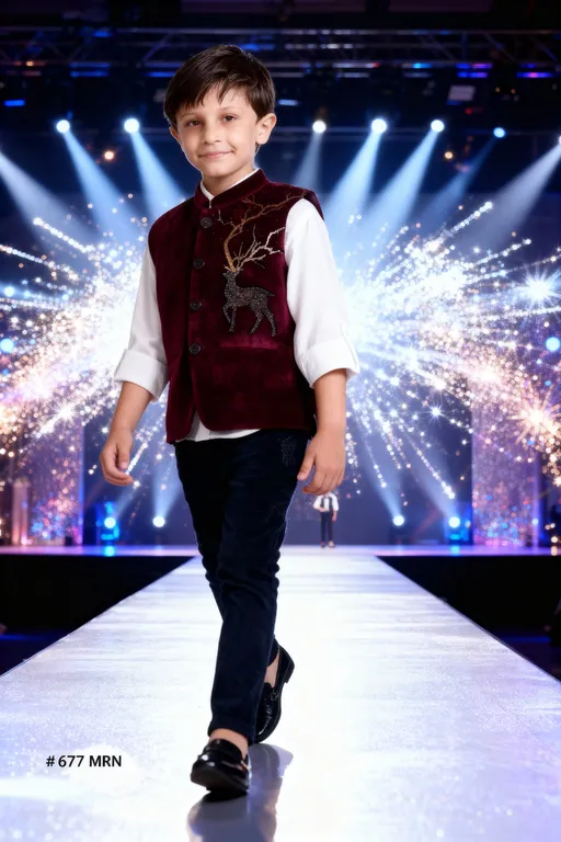 Prompt: A captivating video of a young boy, the same character as in the provided image, walking confidently down a brightly lit fashion show runway. The background is adorned with dynamic, sparkling lights creating an exciting atmosphere. He is wearing the same maroon waistcoat with the deer embellishment, a white shirt, dark trousers, and black loafers. The video should capture his joyful expression and stylish walk, highlighting the elegance of the outfit and the energy of the fashion show. The camera follows him as he poses briefly at the end of the runway before continuing his walk. The lighting should be vibrant and celebratory, typical of a professional fashion event