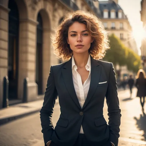 Prompt: A woman wears a suit and looks confident and self-assurance in Paris, her posture upright and purposeful. The sunlight glistens on her hair, casting a radiant glow around her. embodying strength, confidence, and empowerment. presence as she moves with determination and grace, highly detailed,
 in the style of Guy Aroch, HDR
