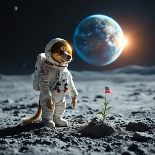 Prompt: un perro astronauta paseando en la luna al atardecer