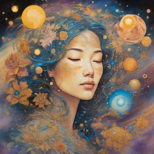 Prompt: Space-themed portrait of a woman,  surrounded by planets and stars, flowers, golden shines, Amanda Sage style, divine aura, high-res, vivid colors, Chinese ink painting, zen style, affluent, inner peace, space theme, cosmic, surreal, spiritual, impressionism face paint, surrealistic, otherworldly lighting, nature, sunlight, Hayao Miyazaki, 3/4 facing right