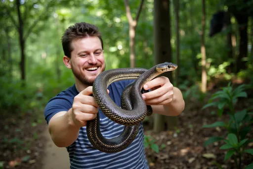 Prompt: A happy, smiling Nakov, a 35-years old man, plays with 3 snakes in the jungle, holding a big snake in his hands