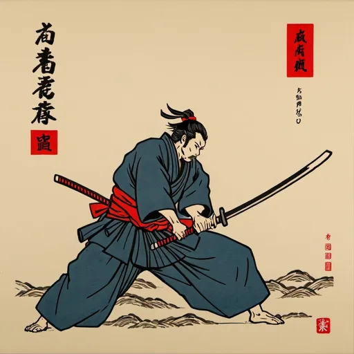 Prompt: a samurai cutting with the sword done in the style of edo block prints