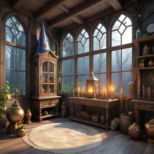 Prompt:  wizard home, 3D rendering, magical, enchanted artifacts, high quality, magical realism, large windows