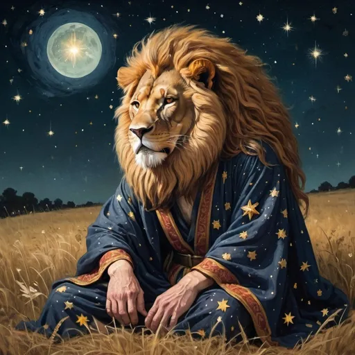 Prompt: man with the head of a lion resting in a field of stars at night. He is dressed in wizardly robes