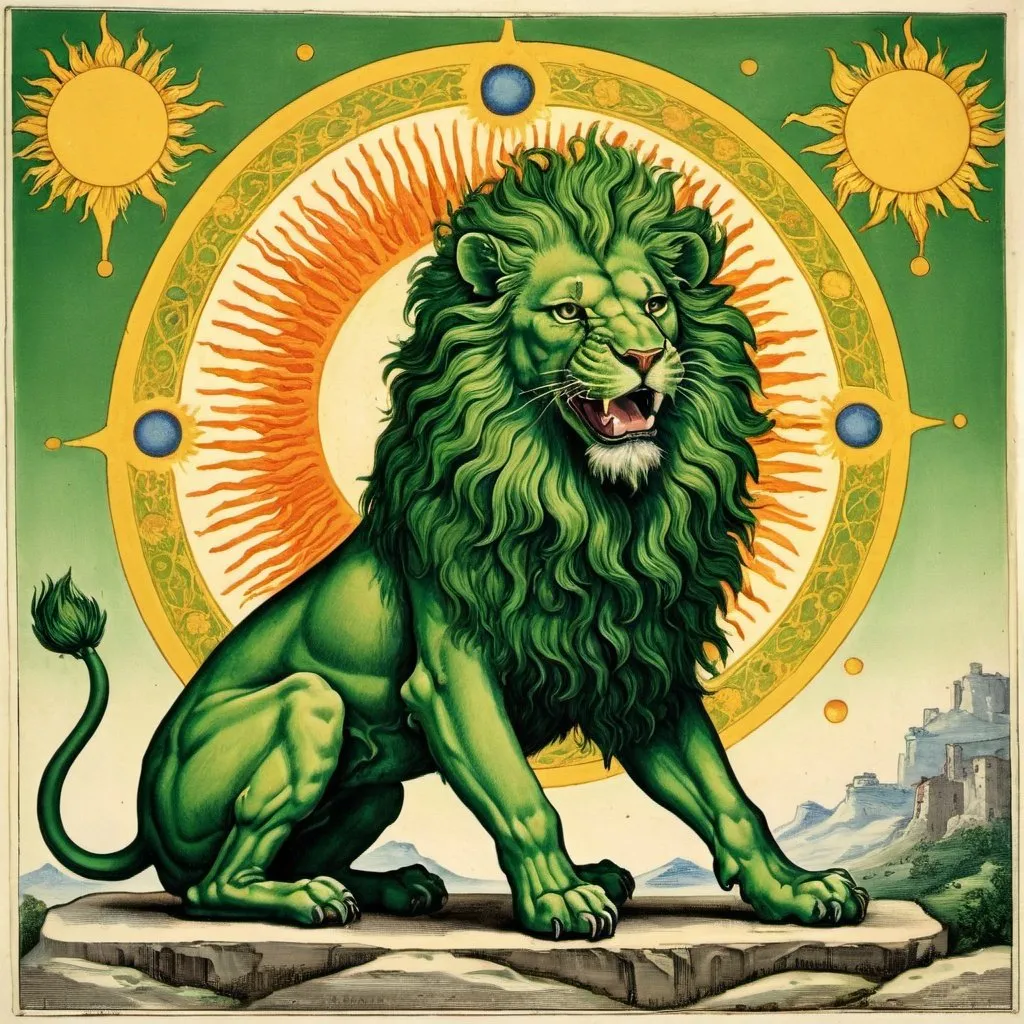 Prompt: A Green lion biting the sun, alchemical art, 