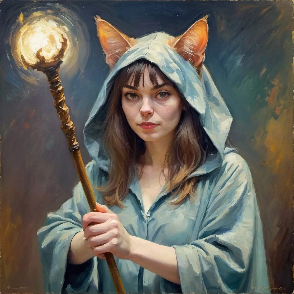 Prompt: woman with a cat head, painting, holding a staff, in wizard robes, impressionism, magic, 