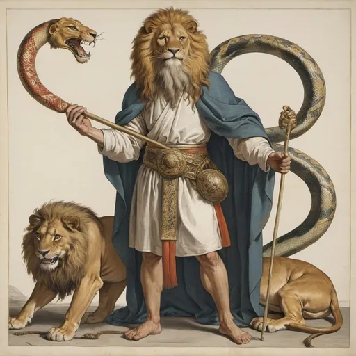 Prompt: Man with the head of a lion, a staff in his hand, a snake wrapping around his body, and a large scroll