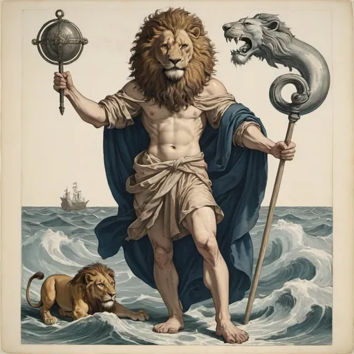 Prompt: Man with the head of a Lion, a staff in his hand, parting a large Sea in half