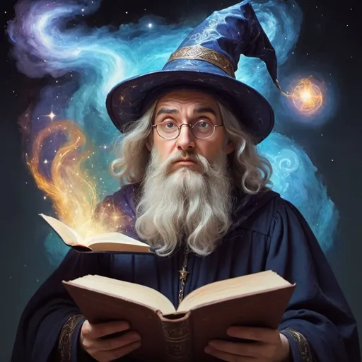 Prompt: Confused wizard, hold a book, painted style, Renaissance, thinking, galaxy coming out of his head