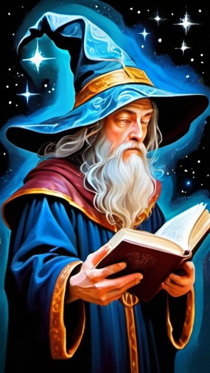 Prompt: Confused wizard, hold a book, painted style, Renaissance, thinking, galaxy coming out of his head, child