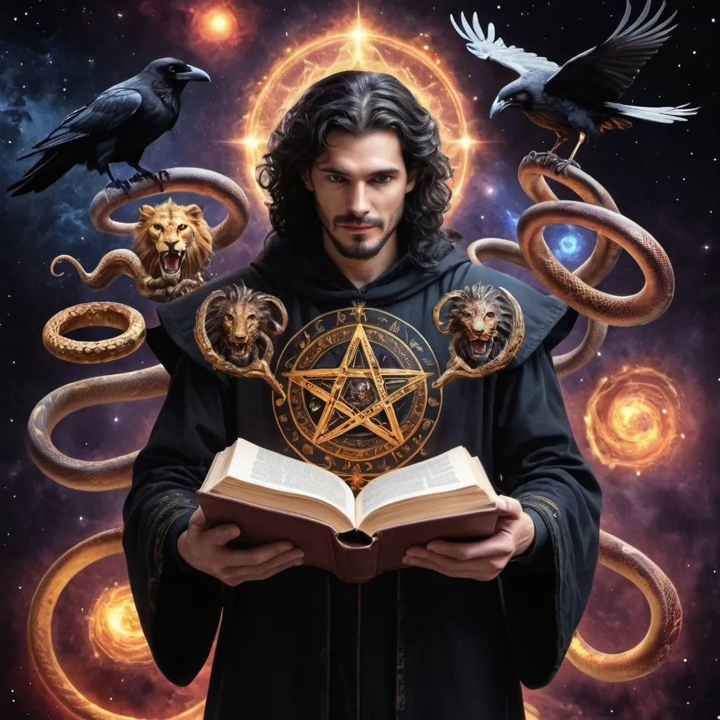 Prompt: Sorcerer with multiple arms, holding a galaxy, a crow, a lion, a snake, the forbidden book of good and evil