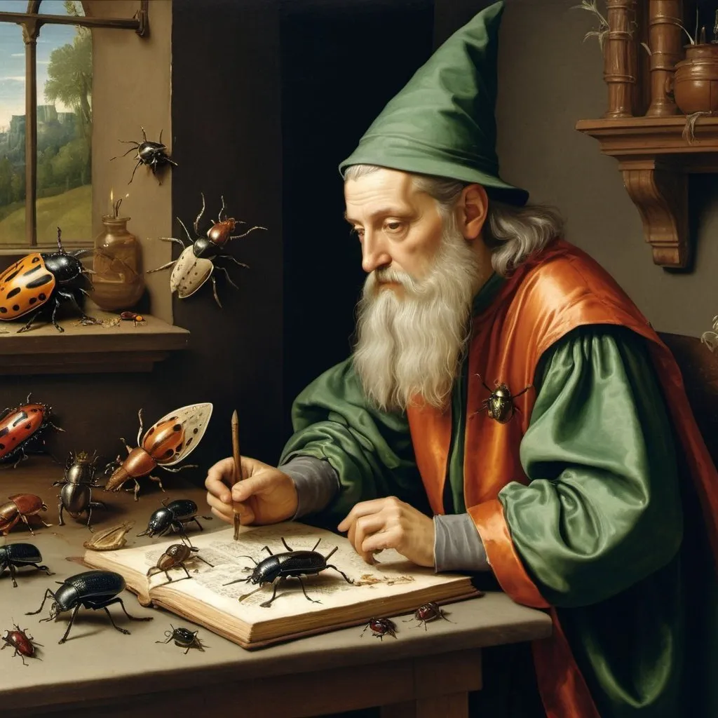 Prompt: Renaissance painting, a wizard studying beetles 