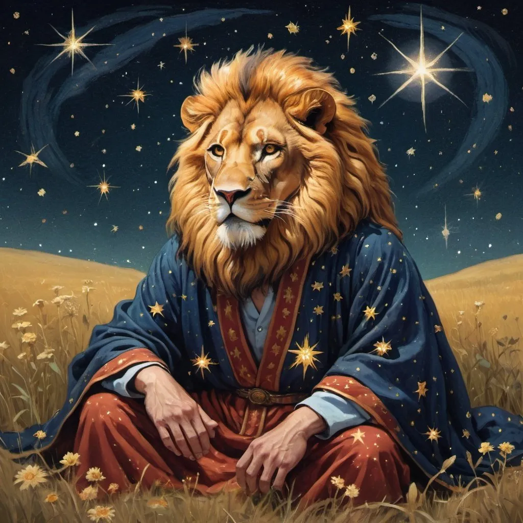 Prompt: man with the head of a lion resting in a field of stars at night. He is dressed in wizardly robes