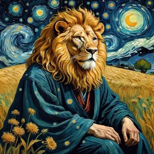 Prompt: man with the head of a lion resting in a field of stars at night. He is dressed in wizardly robes, van Gogh style art