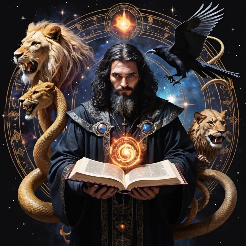 Prompt: Sorcerer with multiple arms, holding a galaxy, a crow, a lion, a snake, the forbidden book of good and evil