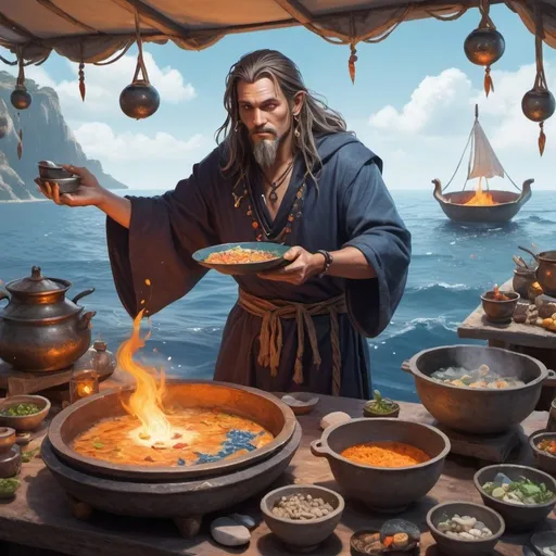 Prompt: a sorcerer cooking ontop of the ocean, magic, attention grabbing, tables with ingredients, tent set up, floating pots, painted style,  stones in the background