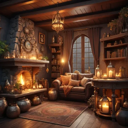 Prompt: cozy wizard home, 3D rendering, magical, enchanted artifacts, warm and inviting atmosphere, high quality, magical realism,