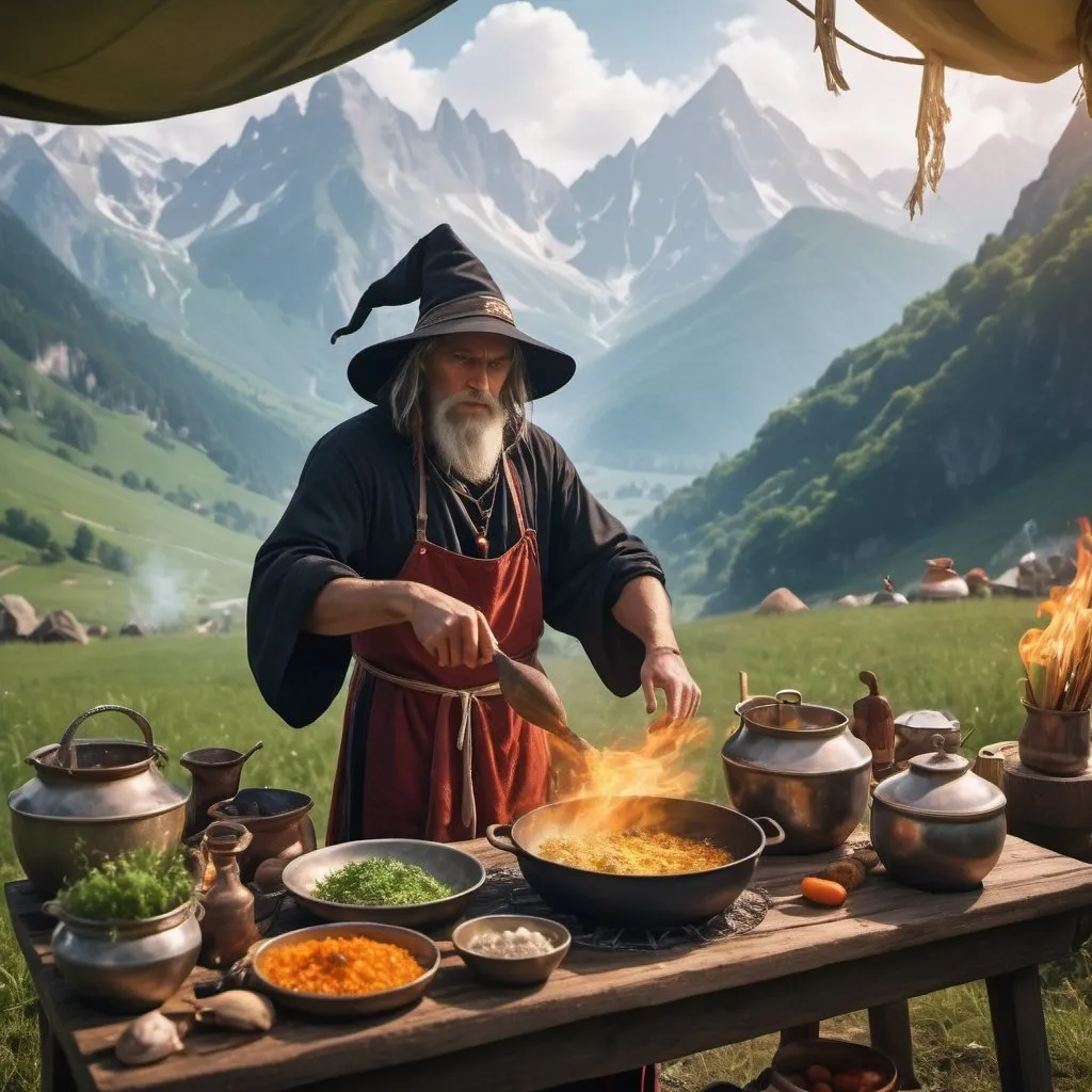 Prompt: a sorcerer cooking out in the fields within the mountains, magic, attention grabbing, tables with ingredients, tent set up, pots floating, 