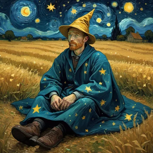 Prompt: man resting in a field of stars at night. He is dressed in wizardly robes, van Gogh style art,children book
