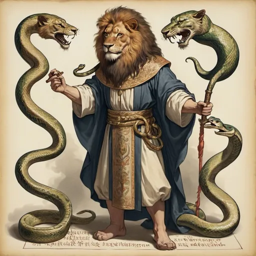 Prompt: A man with a head of a lion, a snake wrapping around his body, a staff in one hand, and a scroll in the other hand, magic