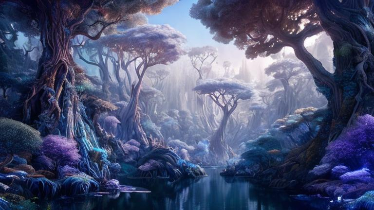 Prompt: a mystical forest with silver and blue trees and a lake"
detailed matte painting, deep color, fantastical, intricate detail, splash screen, complementary colors, fantasy concept art, 8k resolution trending on Artstation Unreal Engine 5"