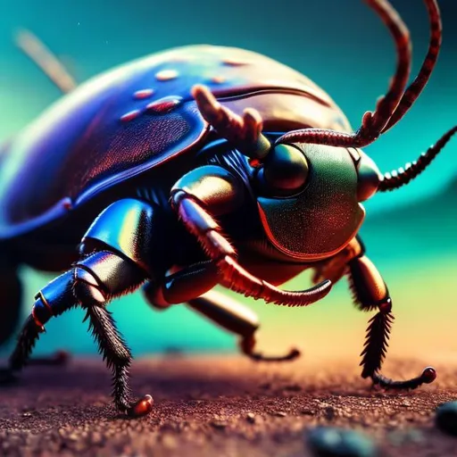 Prompt: intense gaze, powerful stance,  Dali- style, vibrant colors, natural environment, photorealistic, 8k resolution, detailed texture, professional, realistic lighting, beetle, high-quality