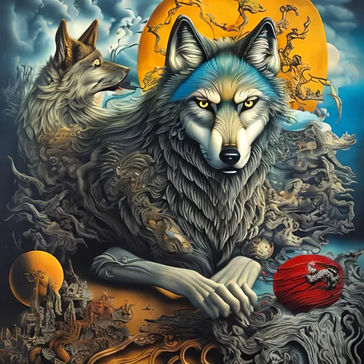 Prompt: Wolf in Dali style, surrealistic,  vibrant colors, whimsical, highres, detailed, vibrant colors, intricate details, dreamlike, artistic medium, oil painting, vibrant, surreal, surrealistic lighting