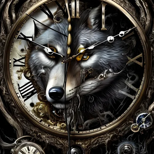 Prompt: Surrealistic 8K illustration of a majestic wolf, melting clock elements, surreal Dali-inspired style, intricate fur patterns, intense and piercing gaze, dreamlike atmosphere, high quality, ultra-detailed, surrealism, Dali-inspired, detailed fur, surreal atmosphere, vibrant colors, melting clock details, intense eyes, dreamlike lighting