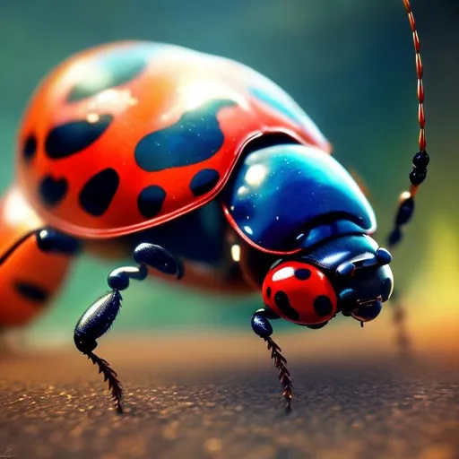 Prompt: intense gaze, powerful stance,  Dali- style, vibrant colors, natural environment, photorealistic, 8k resolution, detailed texture, professional, realistic lighting, ladybug, high-quality