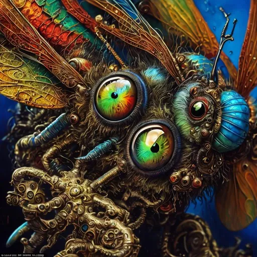 Prompt: Surrealistic 8K illustration, dragonfly, vibrant colors, intense colors, melting clock elements, surreal Salvador Dali-inspired style, intricate fur patterns, intense and piercing gaze, dreamlike atmosphere, high quality, ultra-detailed, surrealism,detailed fur, surreal atmosphere, intense eyes, dreamlike lighting