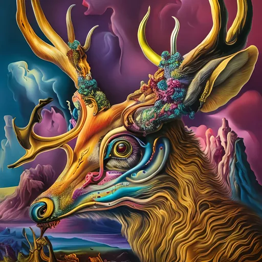 Prompt: Vibrantly surreal Salvador Dali inspired artwork of a majestic deer, highly detailed fur with vivid colors, surreal artistic style, high quality visuals, detailed eyes, dreamlike, vibrant colors, whimsical, surrealism, detailed fur, surreal lighting, 8k resolution