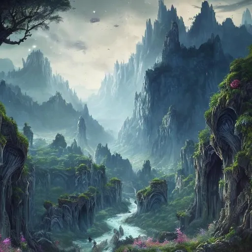Prompt: dark landscape portrait of a lush magical fantasy valley between mountains, blue river flowing between forests, blue crystal rocks jutting out of the ground, stone pillars, enormous cave entrance, castle in background, nighttime, white fluffy clouds, beautiful wildflowers cover the ground, waterfall, (backlighting), realistic, masterpiece, highest quality, ((intricate armor)), fantasy forest in background, ((excited)), lens flare, shade, bloom, ((light sparkles)), [chromatic aberration], by Jeremy Lipking, by Antonio J. Manzanedo, by (Alphonse Mucha), 
