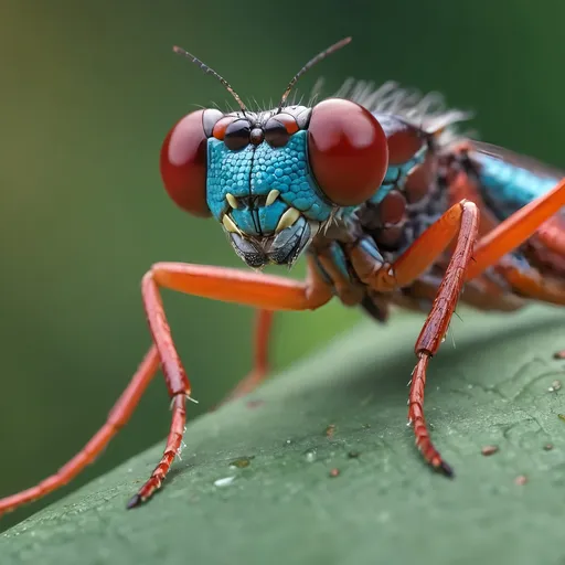 Prompt: Dragonfly macro, intense gaze, powerful stance, vibrant colors, natural environment, realistic lighting, photorealistic, 8k resolution, detailed texture, professional, high-quality