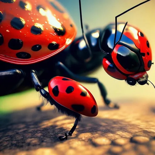 Prompt: intense gaze, powerful stance,  Dali- style, vibrant colors, natural environment, photorealistic, 8k resolution, detailed texture, professional, realistic lighting, ladybug, high-quality