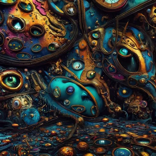 Prompt: Surrealistic 8K illustration,vibrant colors, melting clock elements, surreal Salvador Dali-inspired style, intricate fur patterns, intense and piercing gaze, dreamlike atmosphere, high quality, ultra-detailed, surrealism,detailed fur, surreal atmosphere, intense eyes, dreamlike lighting
