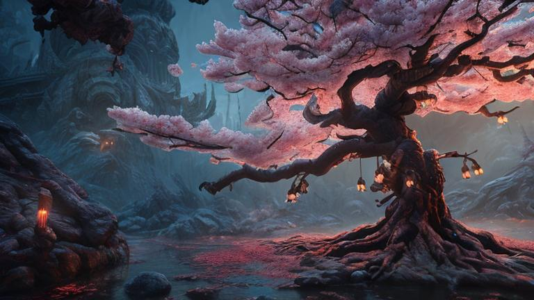 Prompt: Cherry blossom tree in cursed dark forest"

Weight:1   

"detailed matte painting, deep color, fantastical, intricate detail, splash screen, complementary colors, fantasy concept art, 8k resolution trending on Artstation Unreal Engine 5"