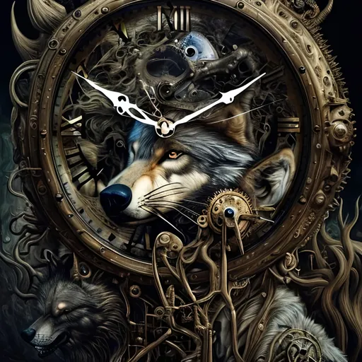 Prompt: Surrealistic 8K illustration of a majestic wolf, melting clock elements, surreal Dali-inspired style, intricate fur patterns, intense and piercing gaze, dreamlike atmosphere, high quality, ultra-detailed, surrealism, Dali-inspired, detailed fur, surreal atmosphere, vibrant colors, intense eyes, dreamlike lighting